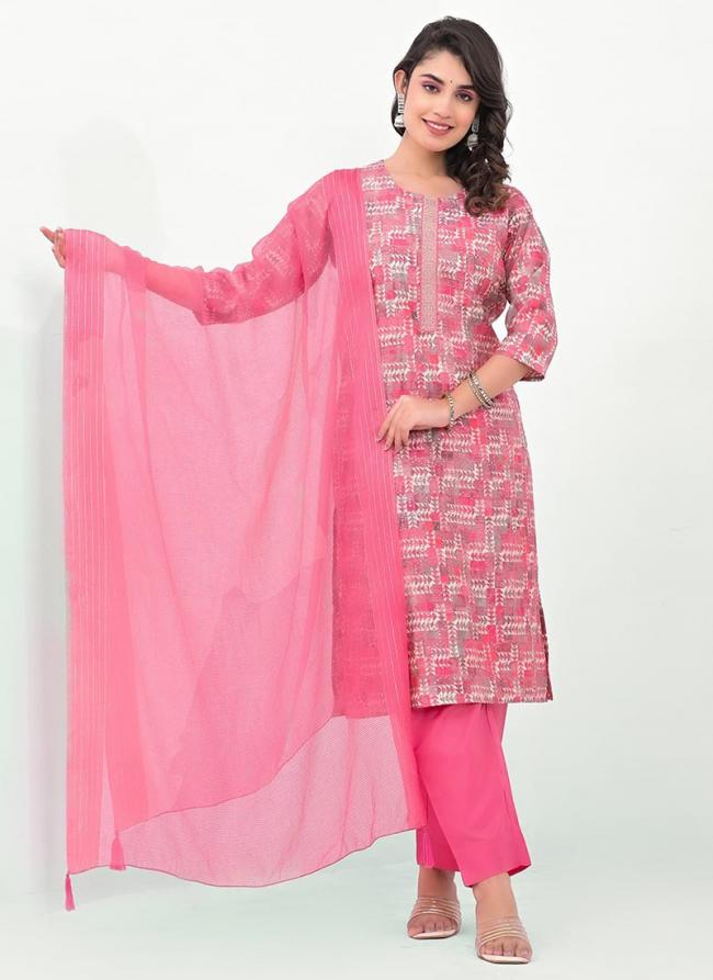 Modal Pink Daily Wear Printed Readymade Kurti With Pant And Dupatta